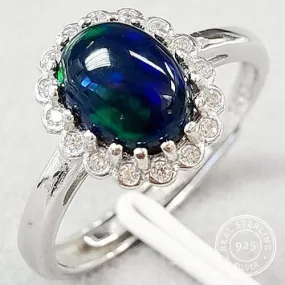 1.00 CT GENUINE ETHIOPIAN BLACK OPAL & CREATED WHITE SAPPHIRE 925 STERLING SILVER RING ADJUSTABLE OPEN RING