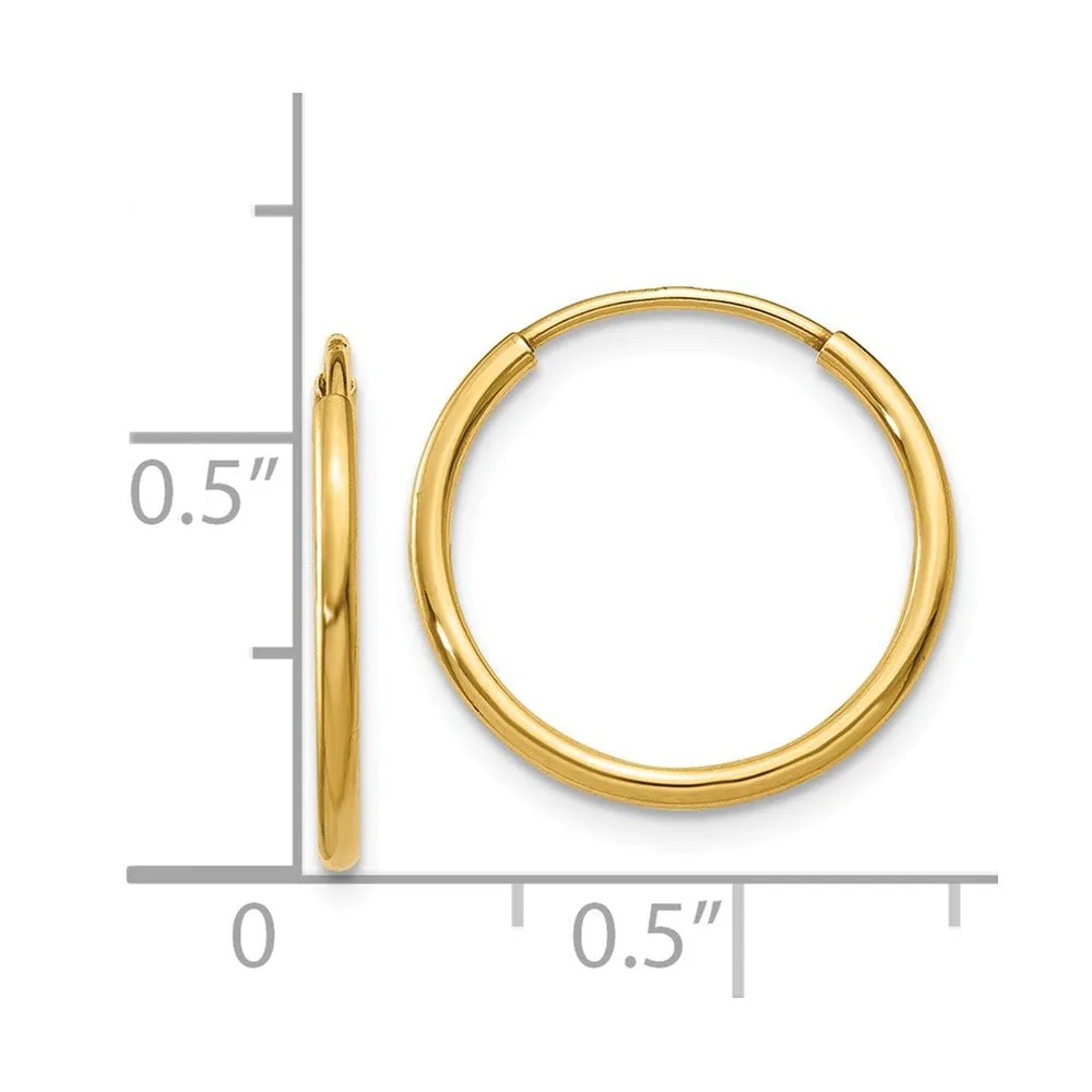 1.25mm, 14k Yellow Gold Endless Hoop Earrings, 15mm (9/16 Inch)