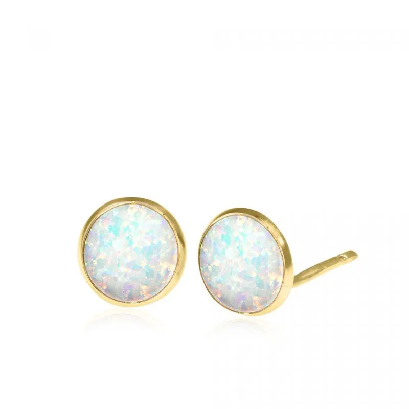 14K Yellow Gold Round White Opal 8mm Stud Earrings