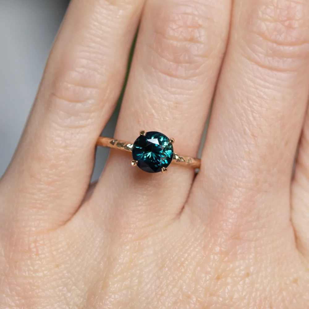 1.69ct Round Deep Blue-Green Sapphire Evergreen Solitaire in 14k Yellow Gold