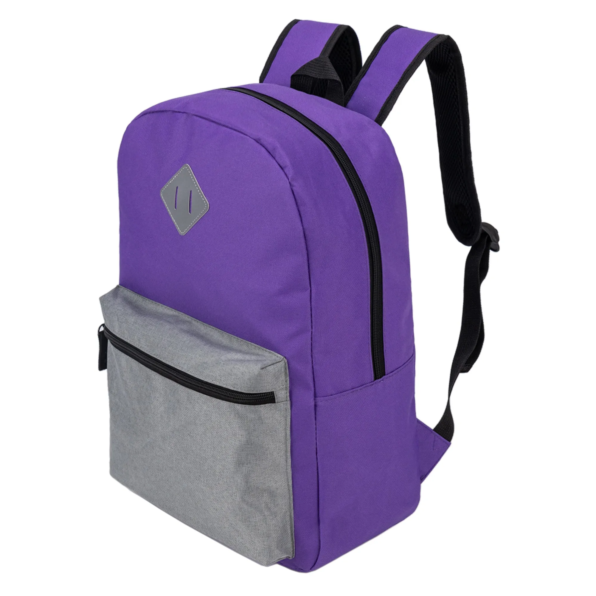 17" Wholesale Two Tone Backpack with a Diamond Patch in 8 Colors - Bulk Case of 24 Bookbags