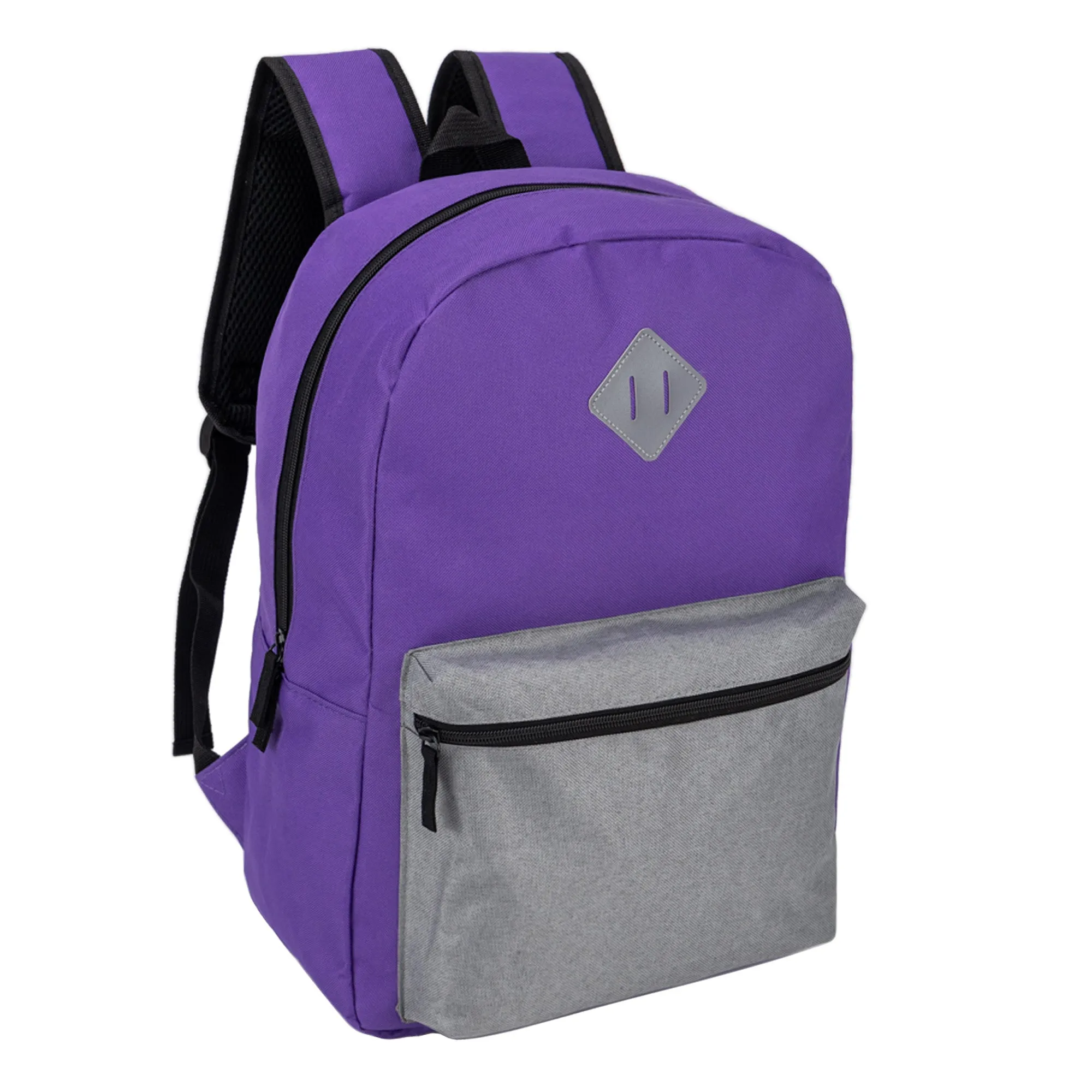 17" Wholesale Two Tone Backpack with a Diamond Patch in 8 Colors - Bulk Case of 24 Bookbags