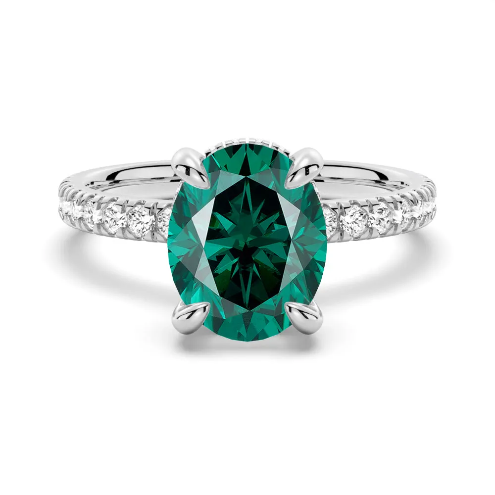 2 CT. Micropavé Oval Green Moissanite Engagement Ring With Hidden Halo