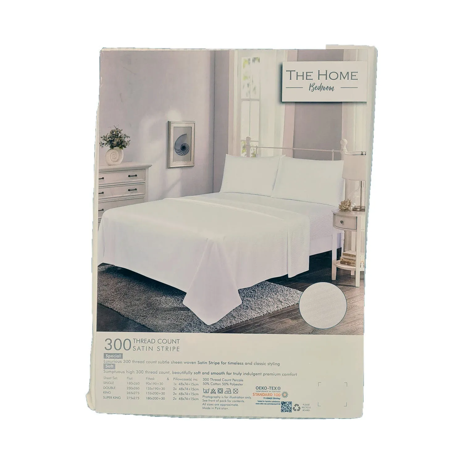 300 Thread Count Satin Stripe Flat Sheet - White - Super King