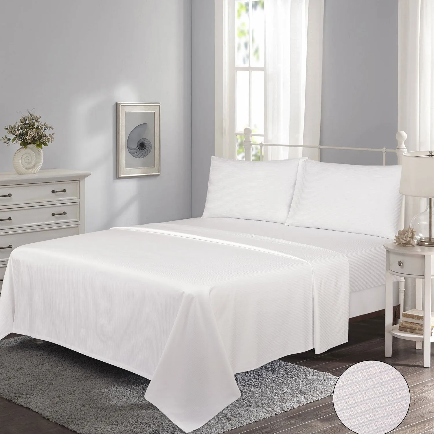 300 Thread Count Satin Stripe Flat Sheet - White - Super King