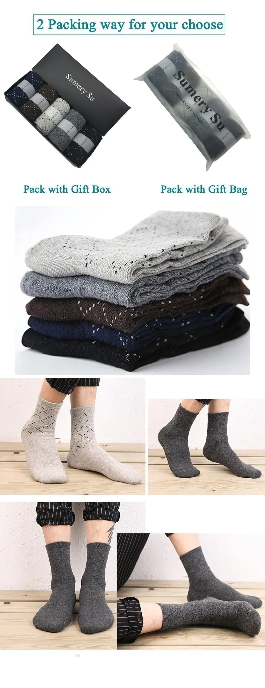 5 Pairs Lot Casual Winter Wool Cashmere Breathable Socks for Men