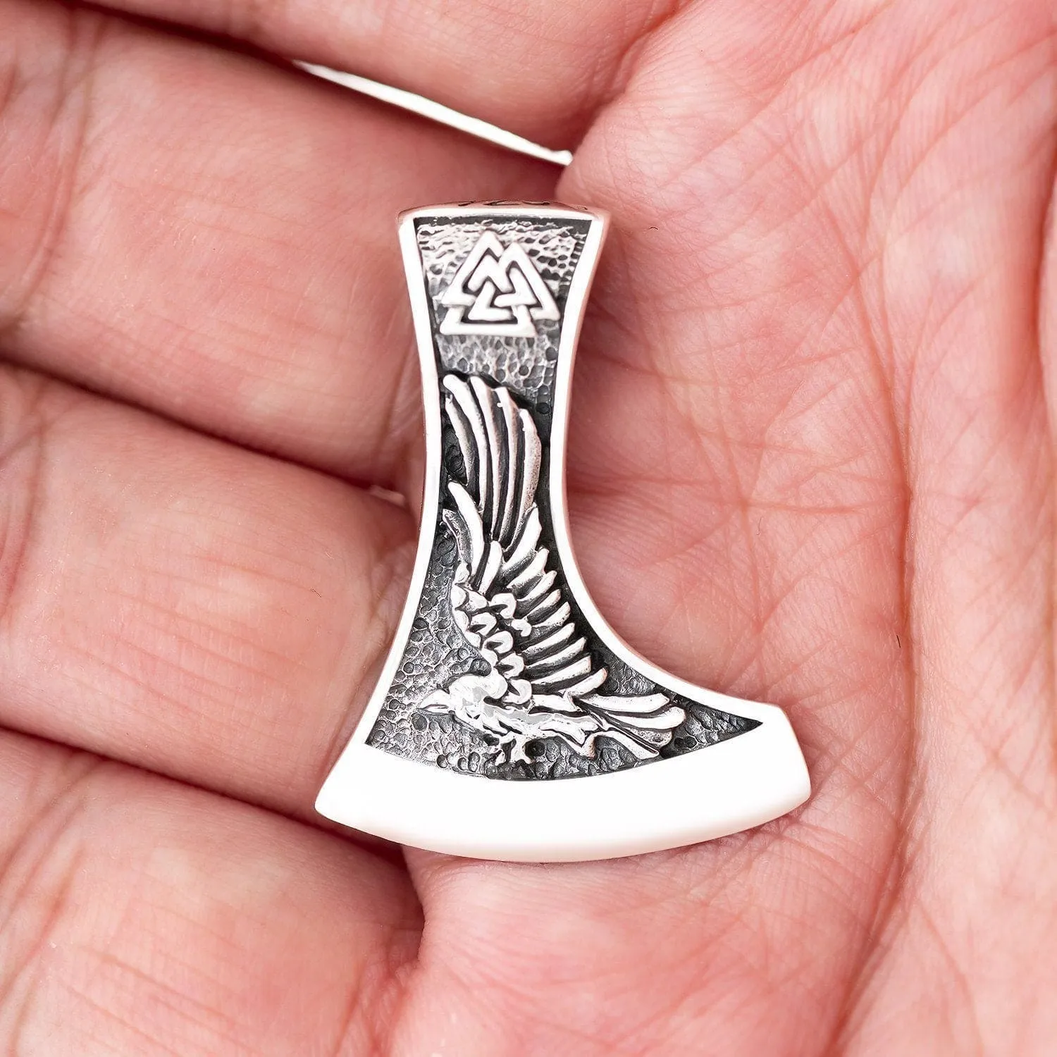 925 Sterling Silver Raven and Wolf Axe Pendant