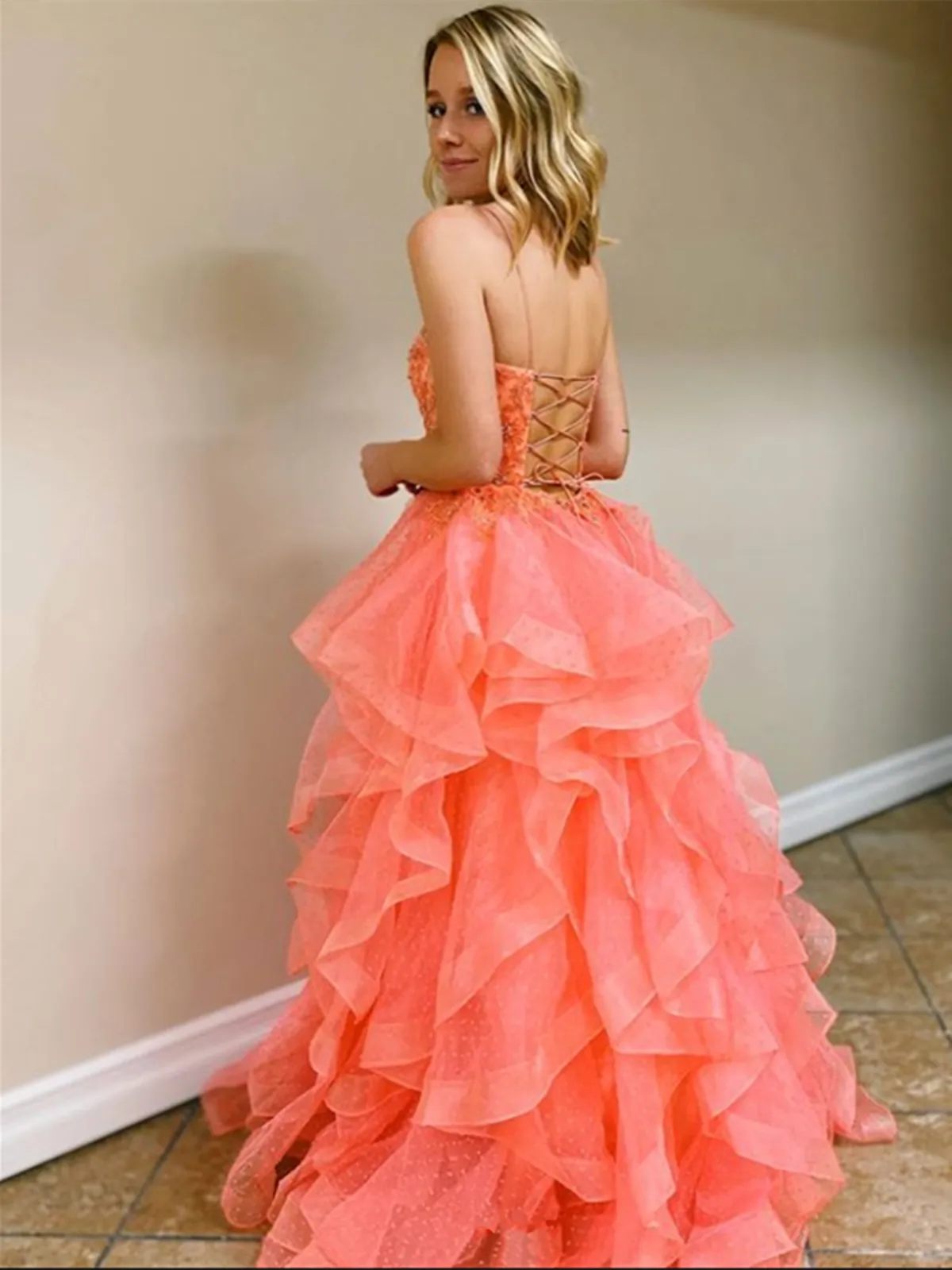 A Line Coral Backless Tulle Beaded Long prom Gowns, Coral Beaded Prom Dresses, Open Back Coral Formal Evening Dresses