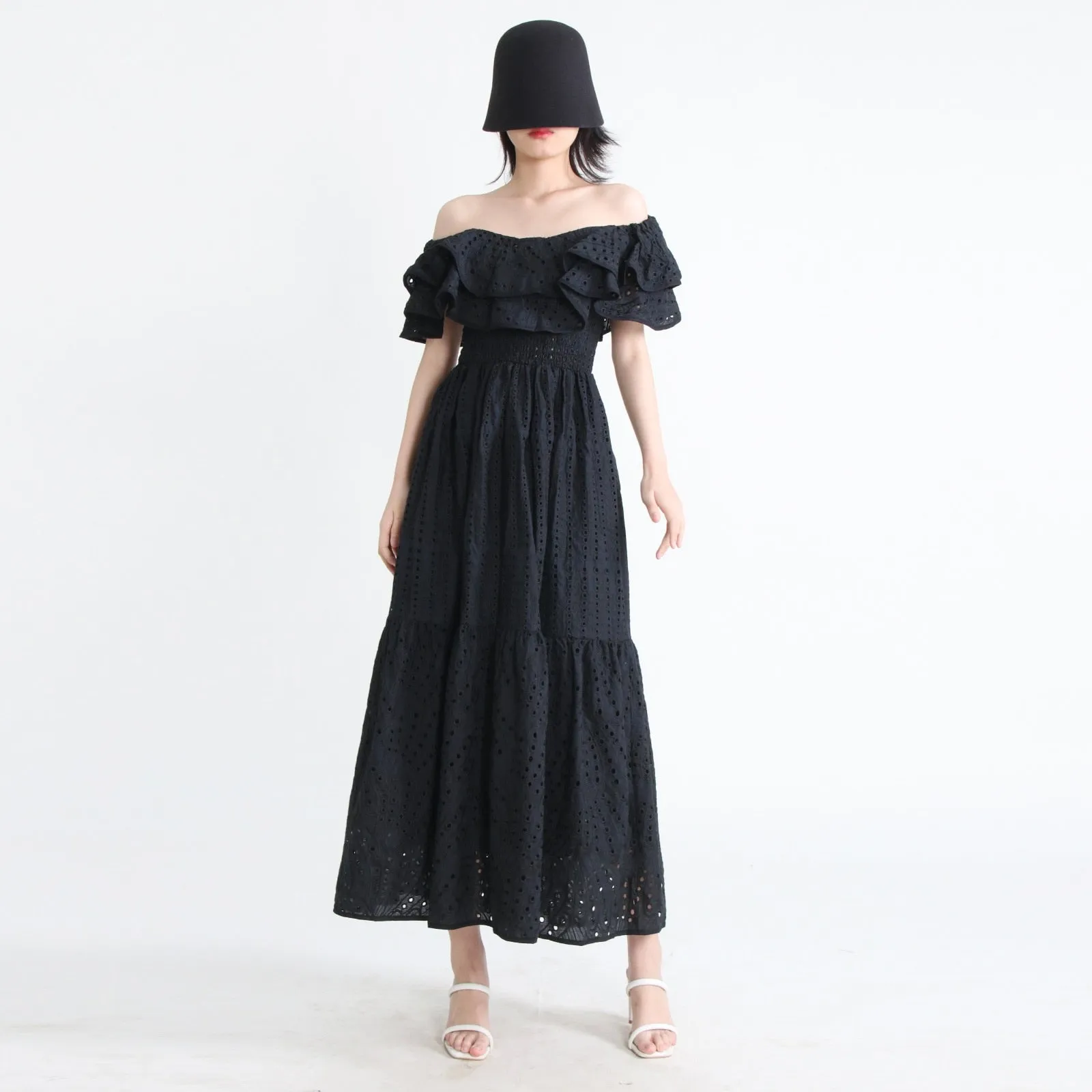 A Line Elegant Dresses For Women Slash Neck Butterfly Sleeve High Waist Folds Hit Color Dress Femlae Fashion