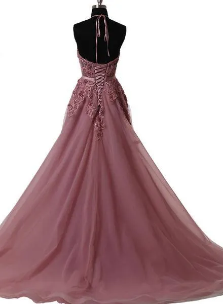 A Line Halter Neck Lace Prom Dress with Sweep Train,  Backless Formal Dress, Evening Dress