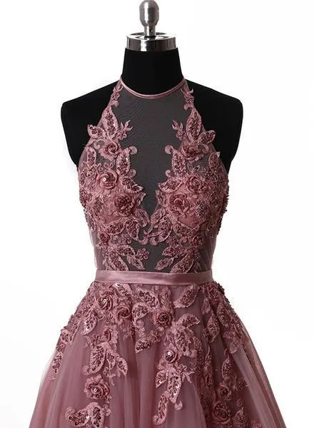 A Line Halter Neck Lace Prom Dress with Sweep Train,  Backless Formal Dress, Evening Dress