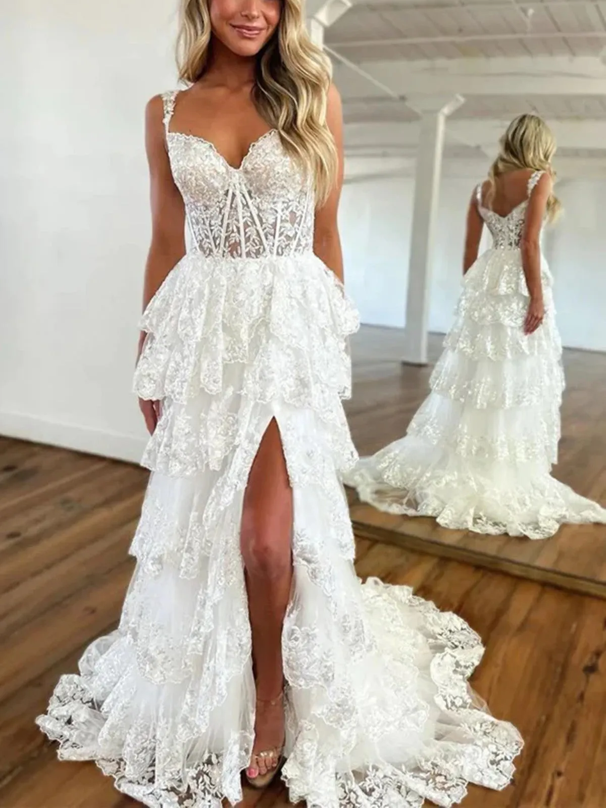 A Line V Neck White Lace Tiered Stunning Prom Dresses With Split, Lace White Long Formal Evening Dresses