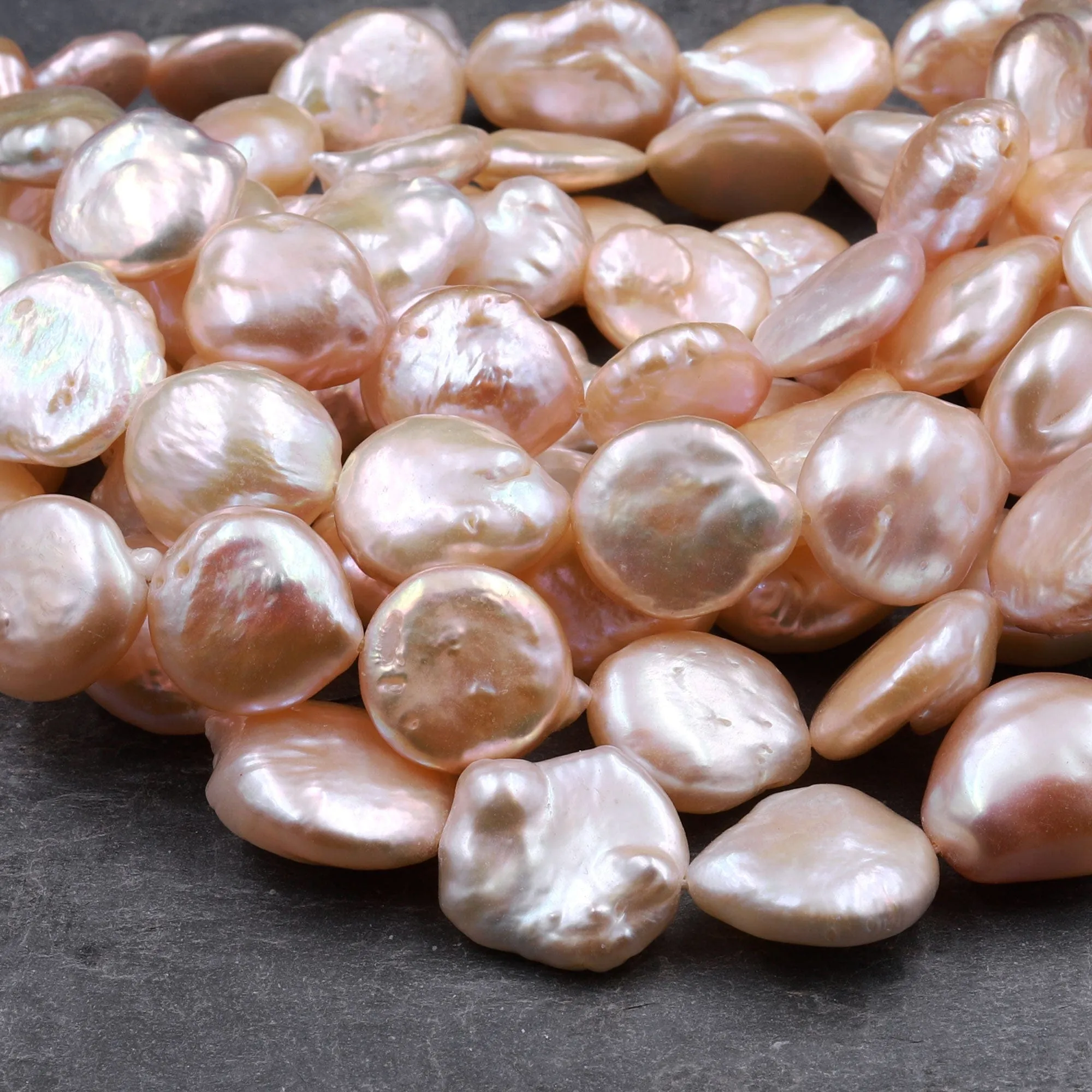 AA Large Natural Peach Coin Pearl Iridescent High Quality Real Genuine Freshwater Pearl Beads 16" Strand