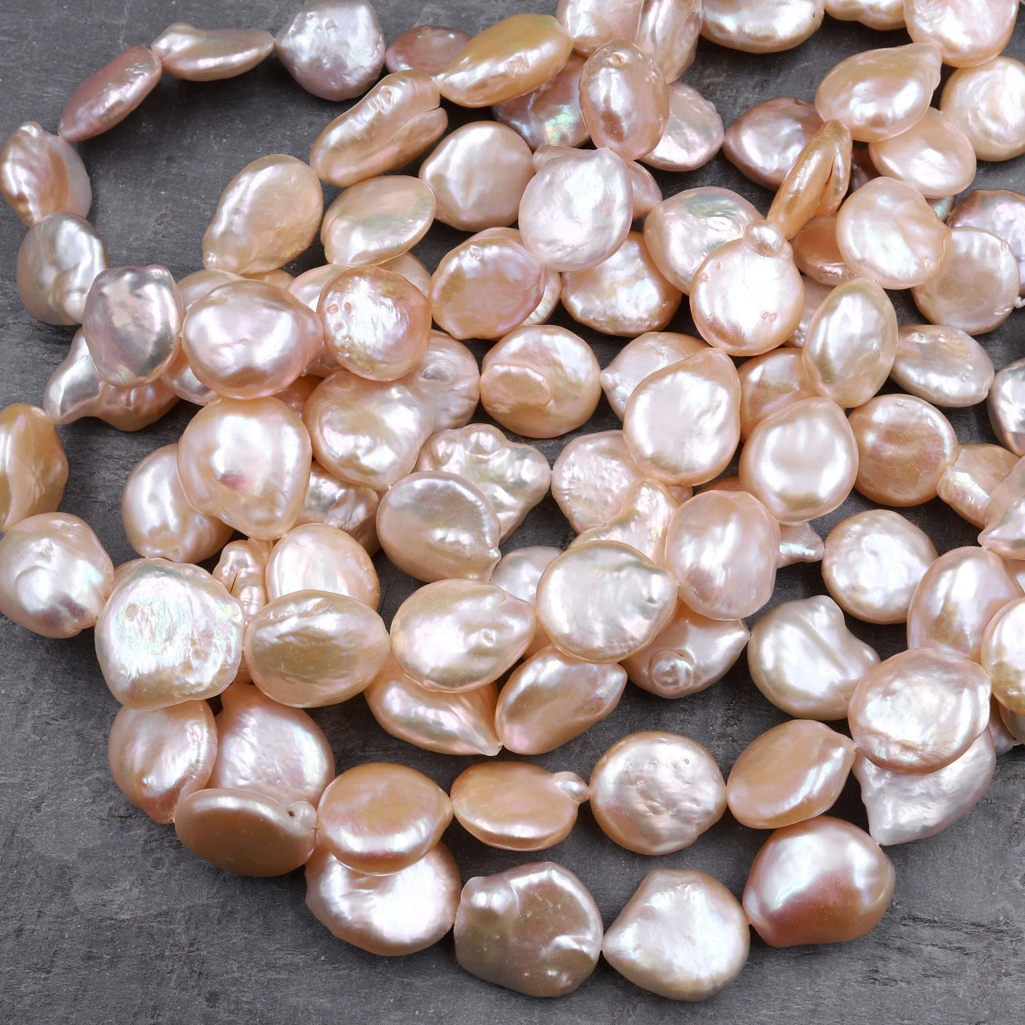 AA Large Natural Peach Coin Pearl Iridescent High Quality Real Genuine Freshwater Pearl Beads 16" Strand