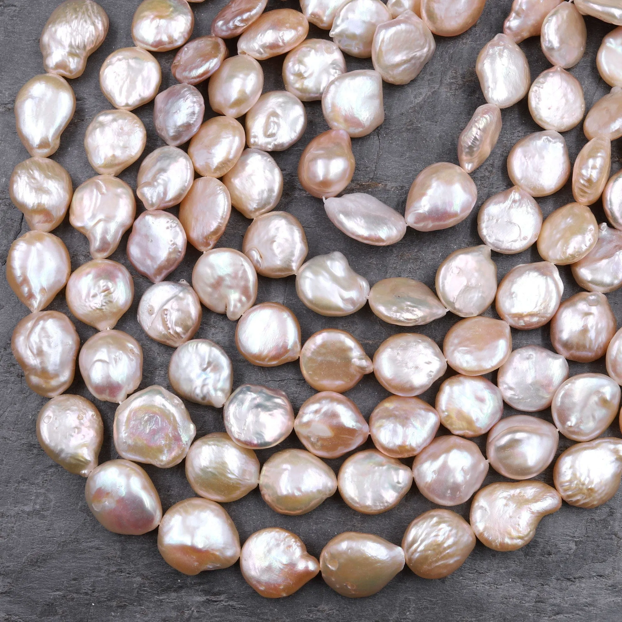 AA Large Natural Peach Coin Pearl Iridescent High Quality Real Genuine Freshwater Pearl Beads 16" Strand