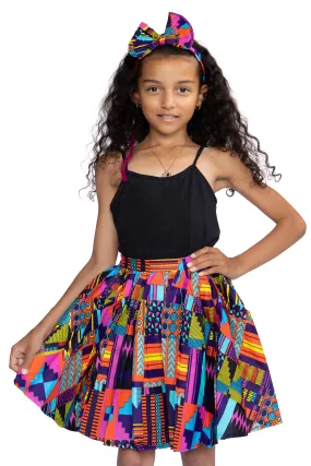 African print Kids Skirt   Headtie with Bow set - Pink Kente ( 1 - 10 years )