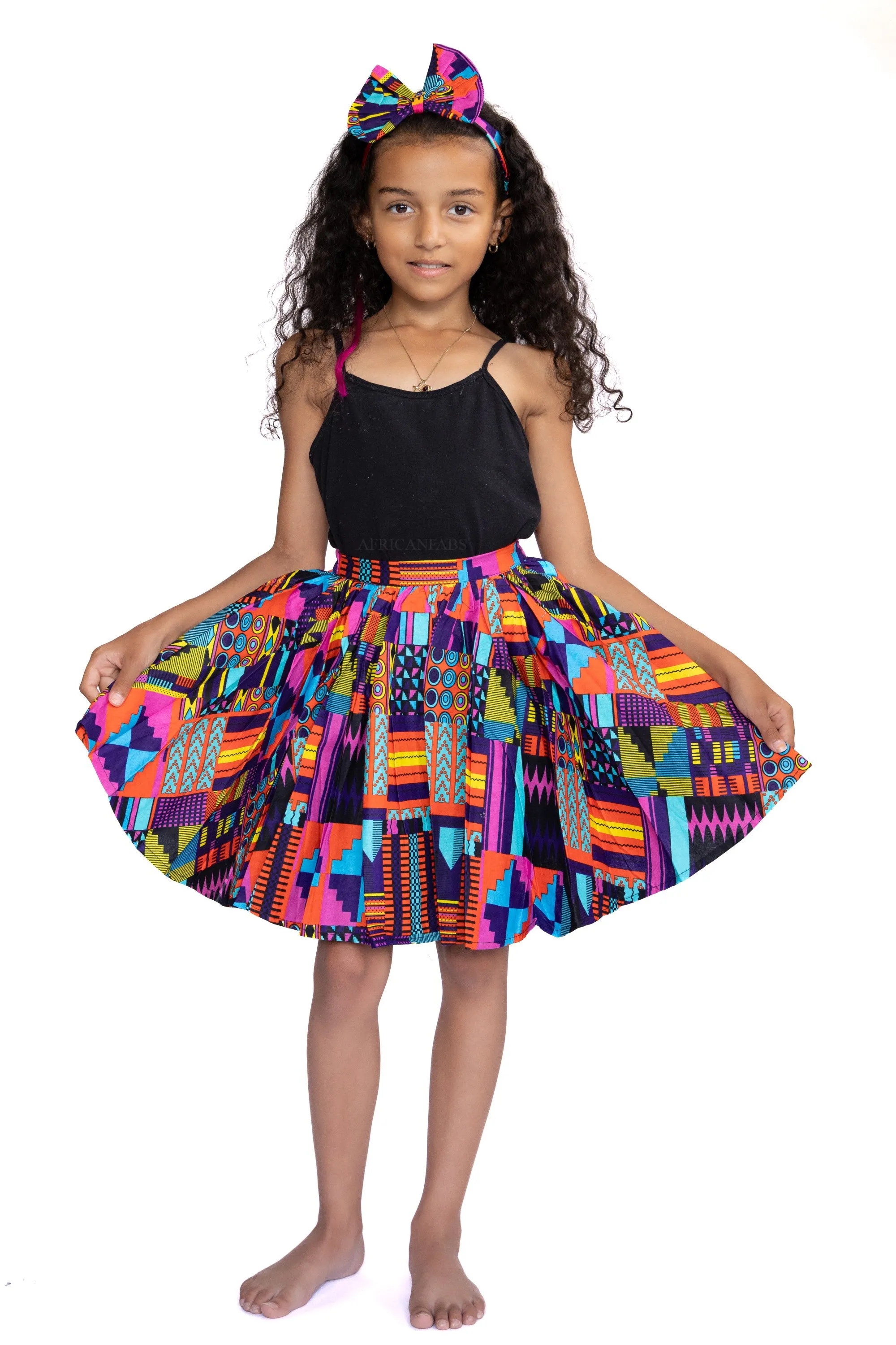 African print Kids Skirt   Headtie with Bow set - Pink Kente ( 1 - 10 years )