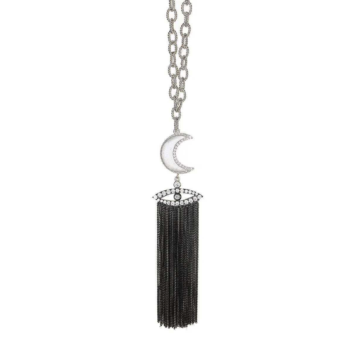 AMMANII Guardian Moon and Protective Eye Necklace with Tassels in Black Rhodium