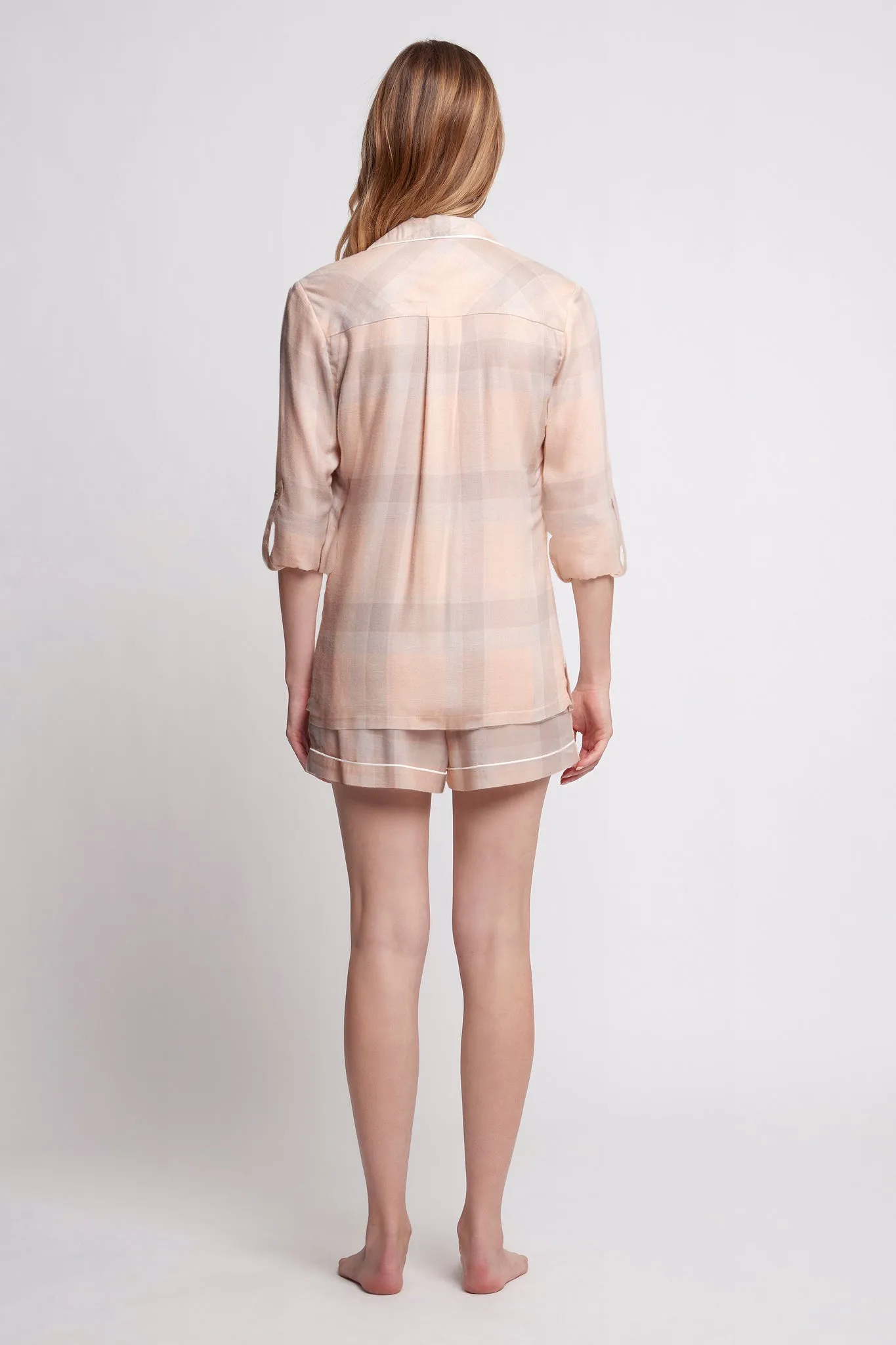 Ardelia Pyjama Long Sleeve with Short Set - Blush Check