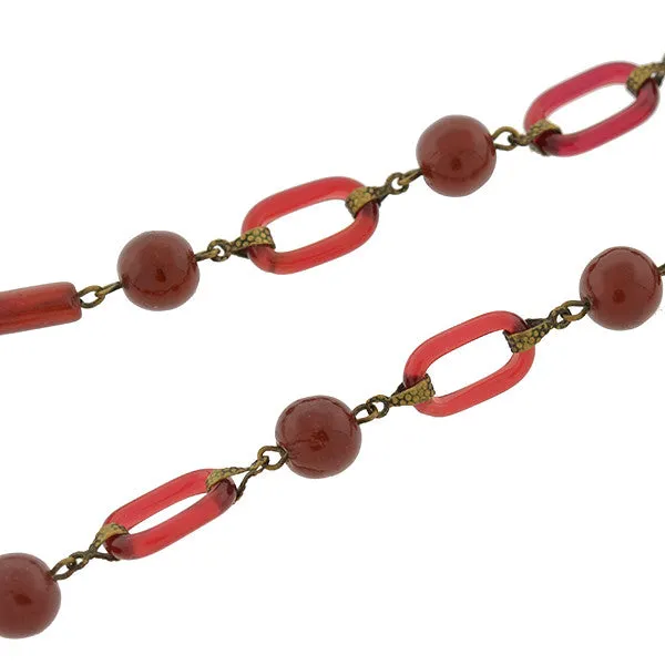 Art Deco Czechoslovakian Brass & Faux Carnelian Glass Necklace