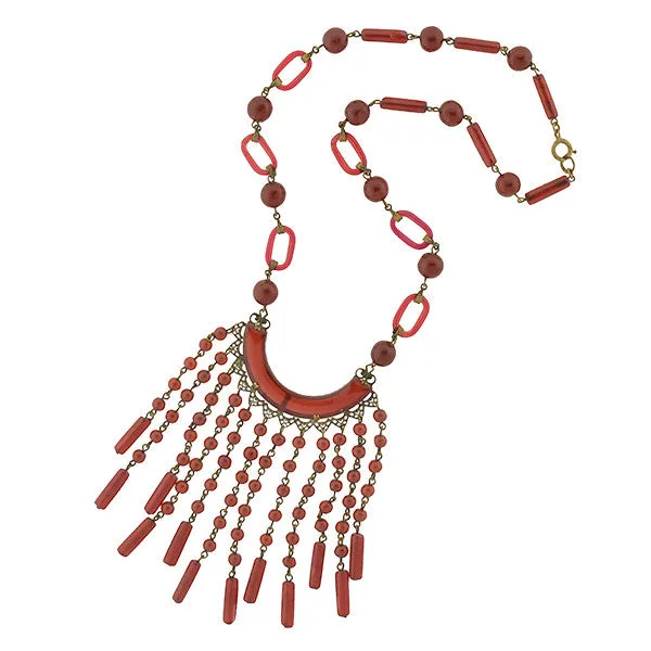 Art Deco Czechoslovakian Brass & Faux Carnelian Glass Necklace