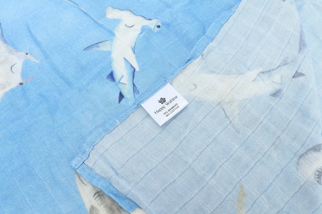 Baby Muslin Swaddle Happy Shark Blue