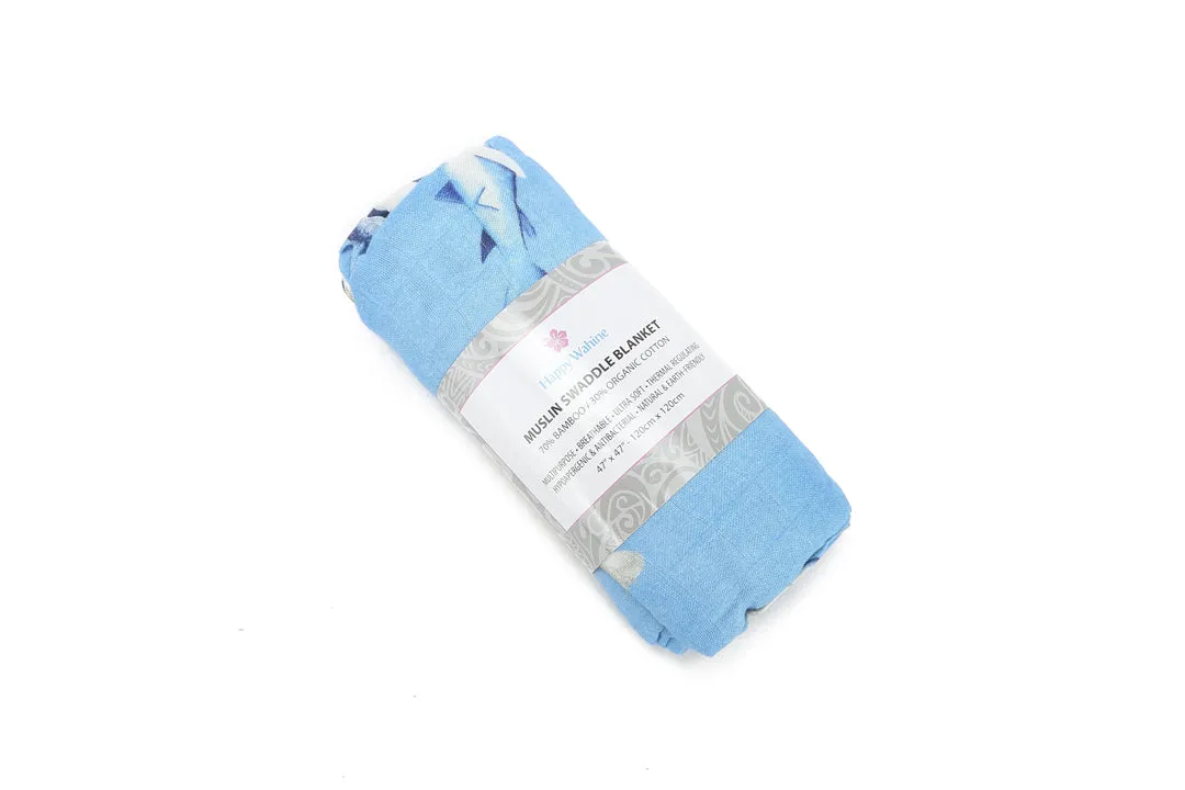 Baby Muslin Swaddle Happy Shark Blue