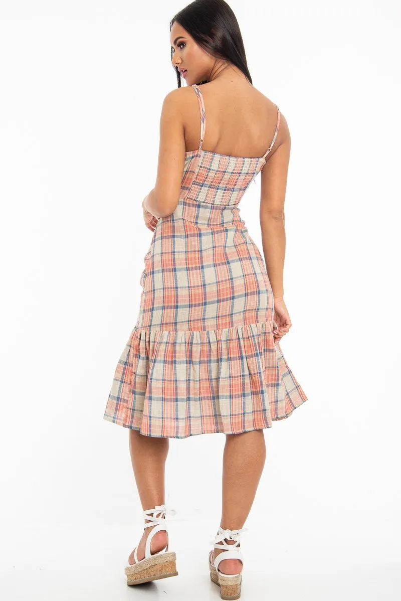 Beige Check Tie Button Front Ruffle Hem Midi Dress - Lorenza