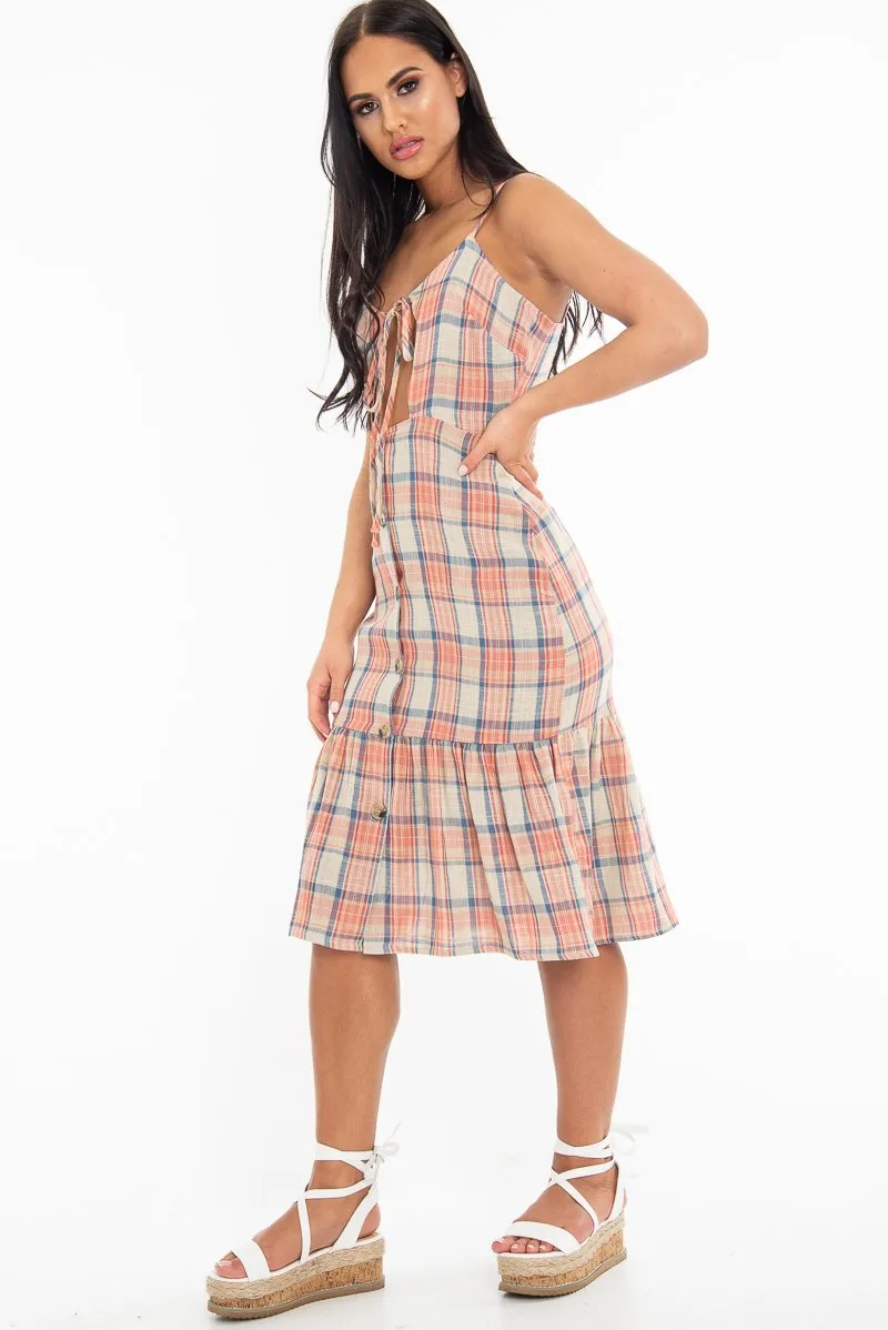 Beige Check Tie Button Front Ruffle Hem Midi Dress - Lorenza