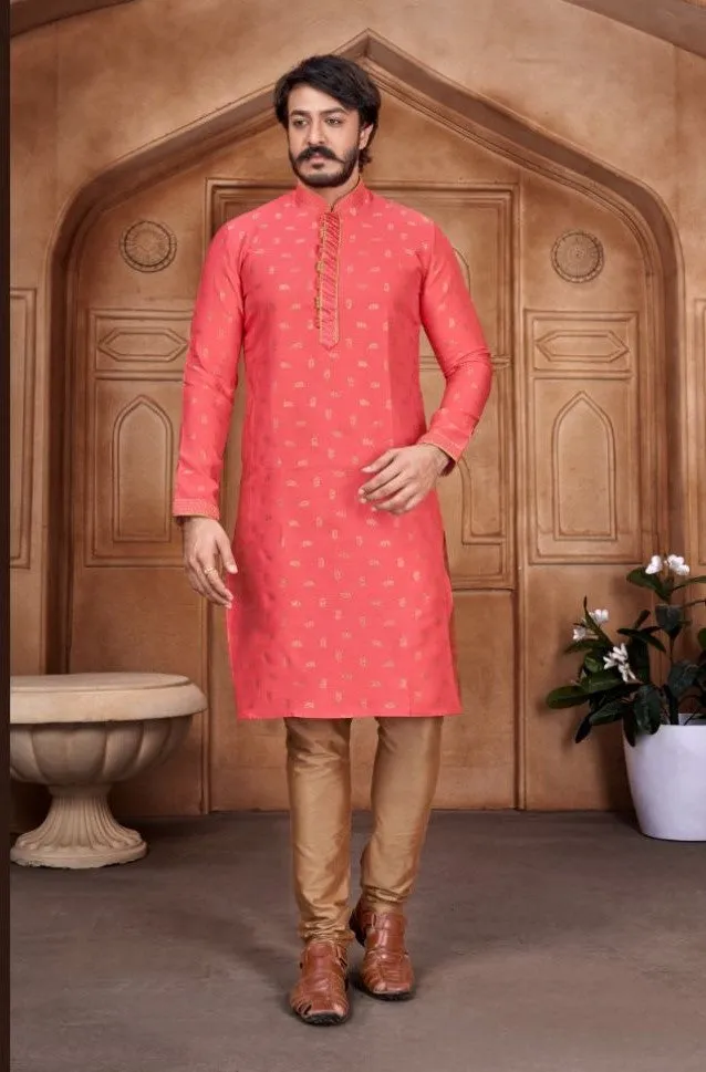 Beige Woven Art Silk Jacquard Kurta Set - Rent