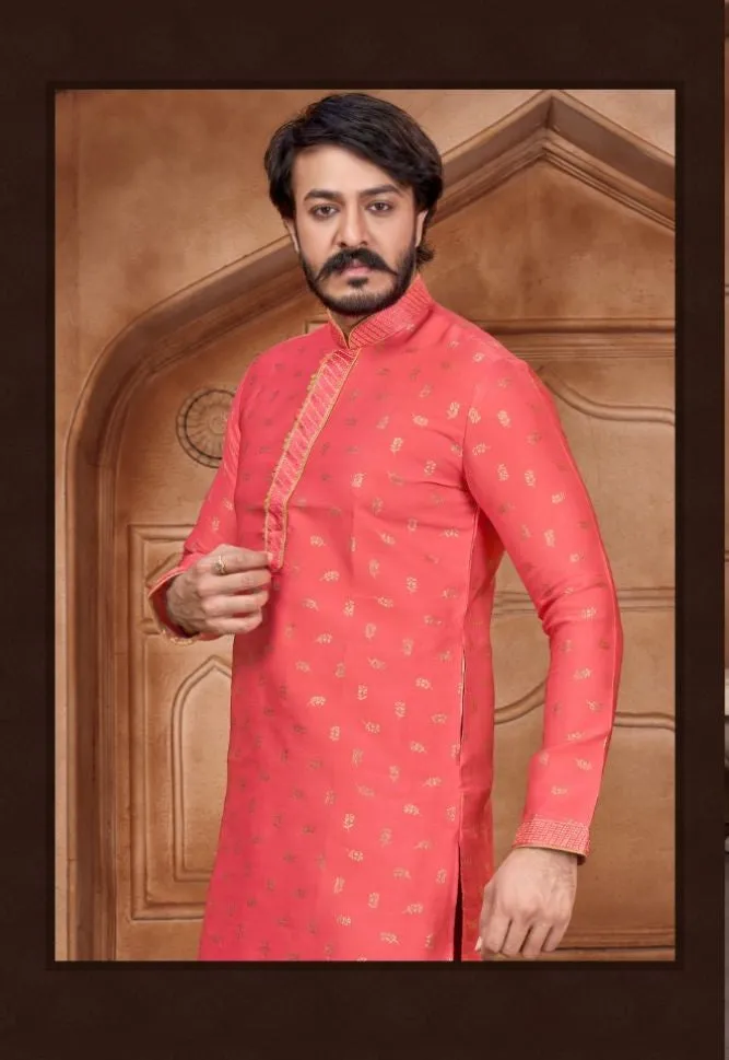 Beige Woven Art Silk Jacquard Kurta Set - Rent