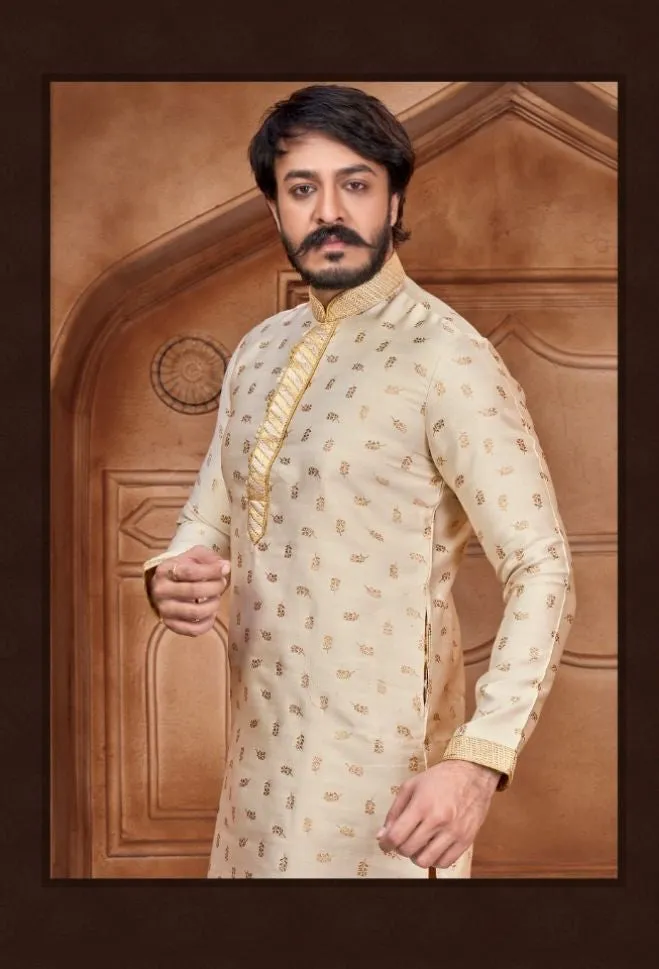 Beige Woven Art Silk Jacquard Kurta Set - Rent