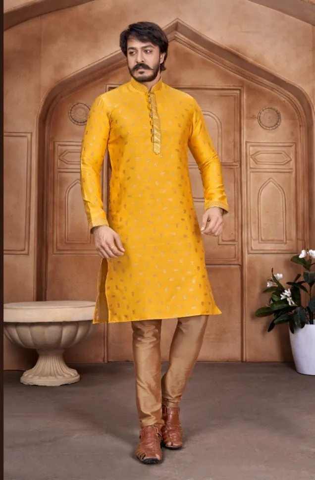 Beige Woven Art Silk Jacquard Kurta Set - Rent