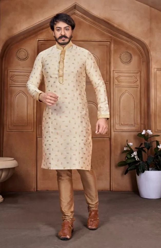 Beige Woven Art Silk Jacquard Kurta Set - Rent