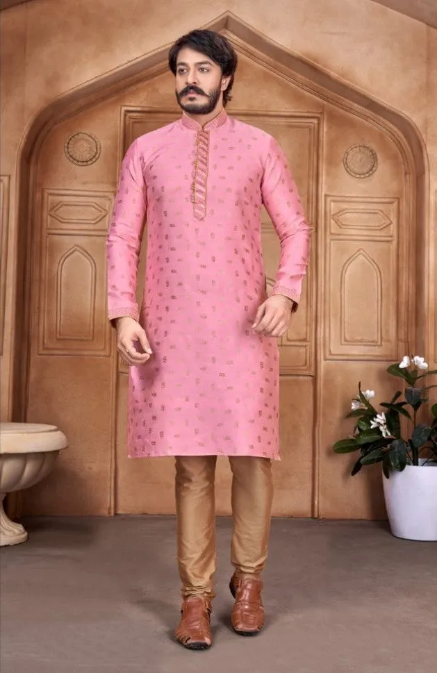 Beige Woven Art Silk Jacquard Kurta Set - Rent