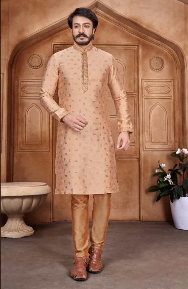 Beige Woven Art Silk Jacquard Kurta Set - Rent