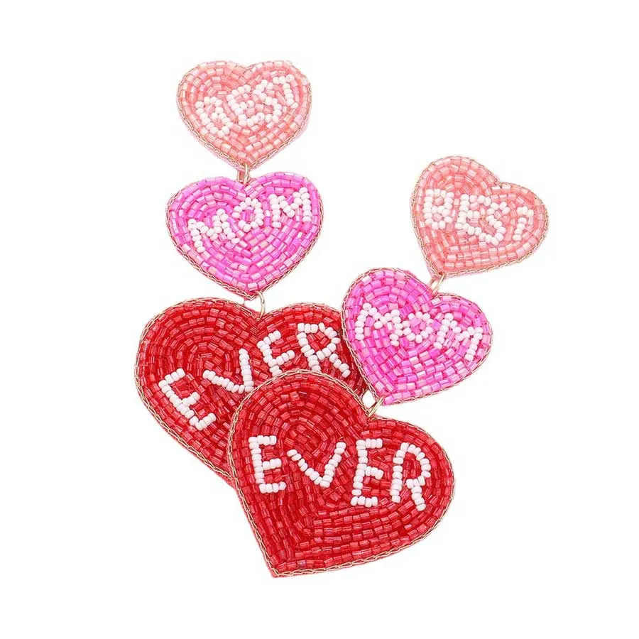 BEST MOM EVER Message Triple Heart Beaded Dropdown Earrings