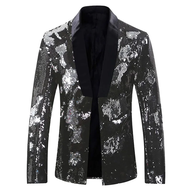 Black Buttonless Reversible Sequins Satin Collar Blazer