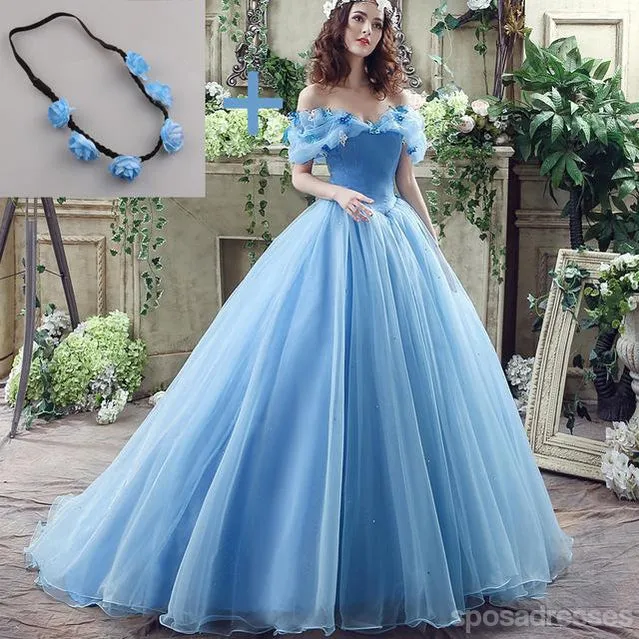 Blue Princess Off Shoulder A-line Long Evening Prom Dresses, Cheap Sweet 16 Dresses, 18344