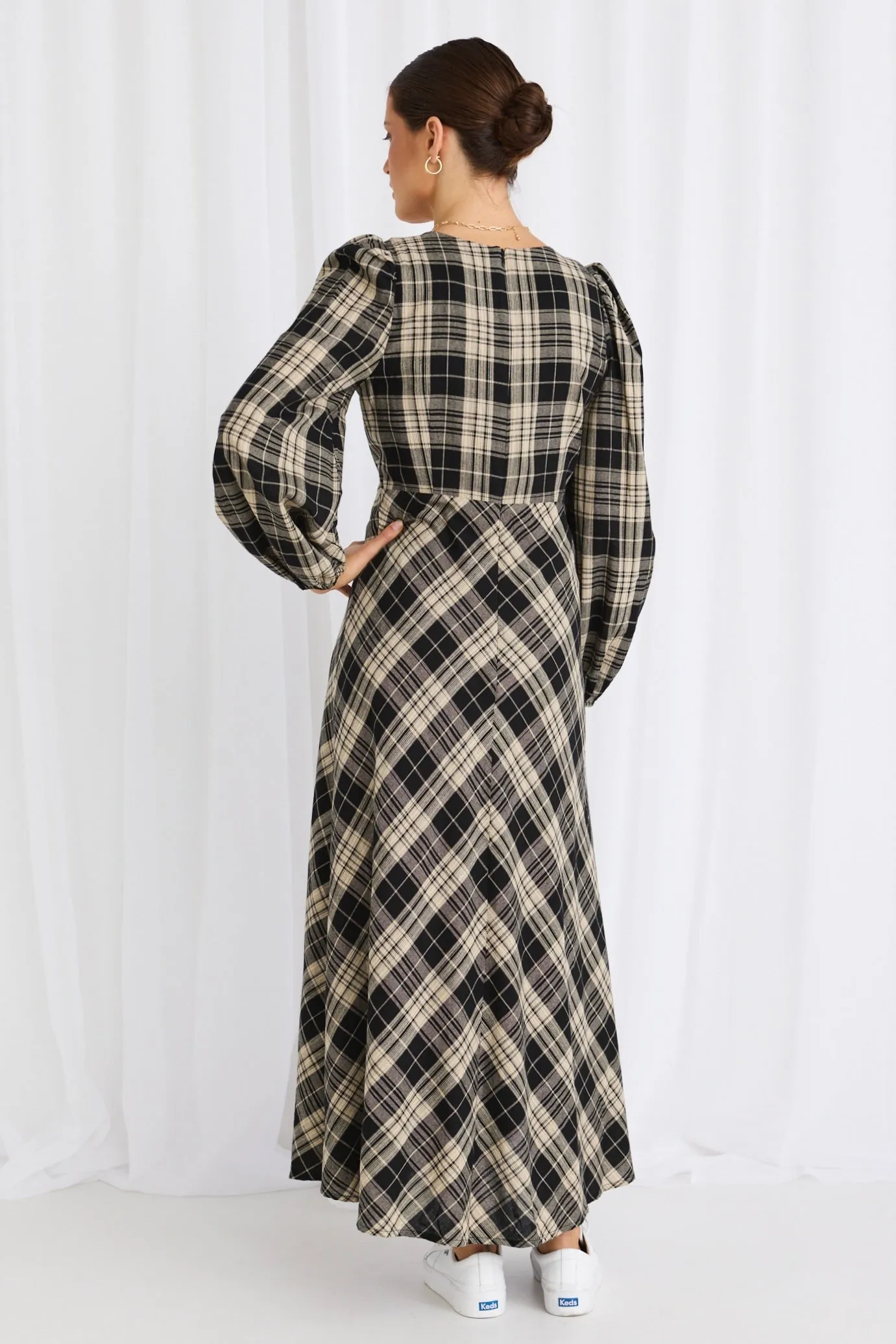 Caspian Black Check LS Bias Maxi Dress