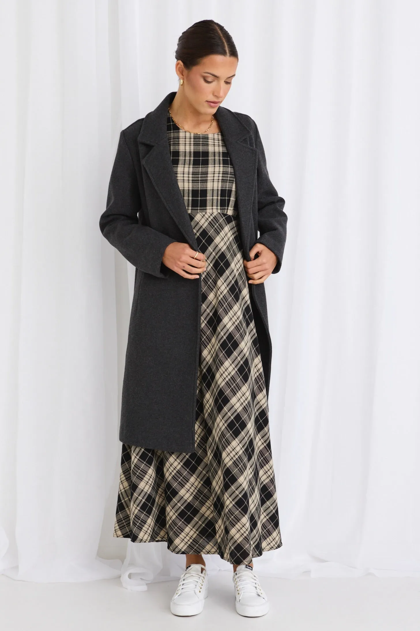 Caspian Black Check LS Bias Maxi Dress