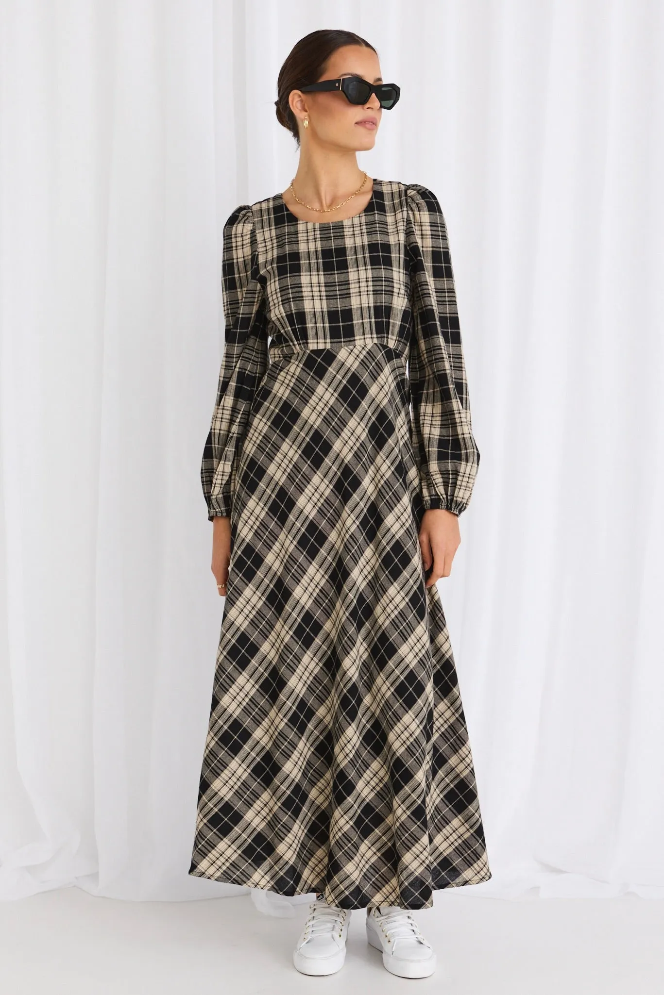 Caspian Black Check LS Bias Maxi Dress