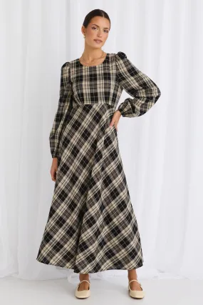 Caspian Black Check LS Bias Maxi Dress