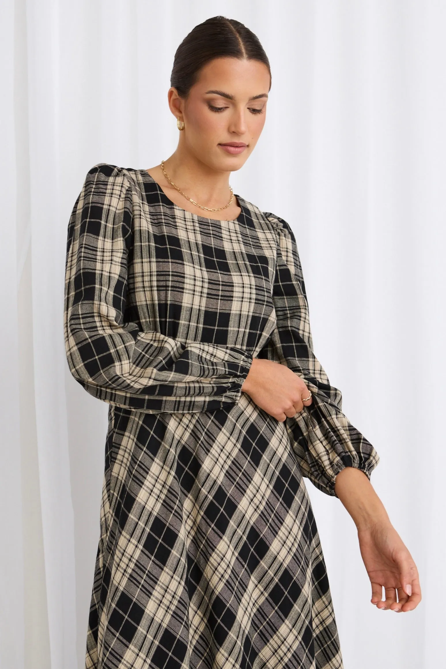 Caspian Black Check LS Bias Maxi Dress