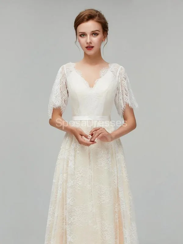 Champagne Short Sleeves Lace A-line Cheap Wedding Dresses Online, Cheap Bridal Dresses, WD561