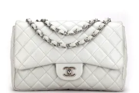 CHANEL CLASSIC SINGLE FLAP BAG (1282xxxx) JUMBO LIGHT MINT GREEN COLOR CAVIAR LEATHER, SILVER HARDWARE, WITH CARD & DUST COVER