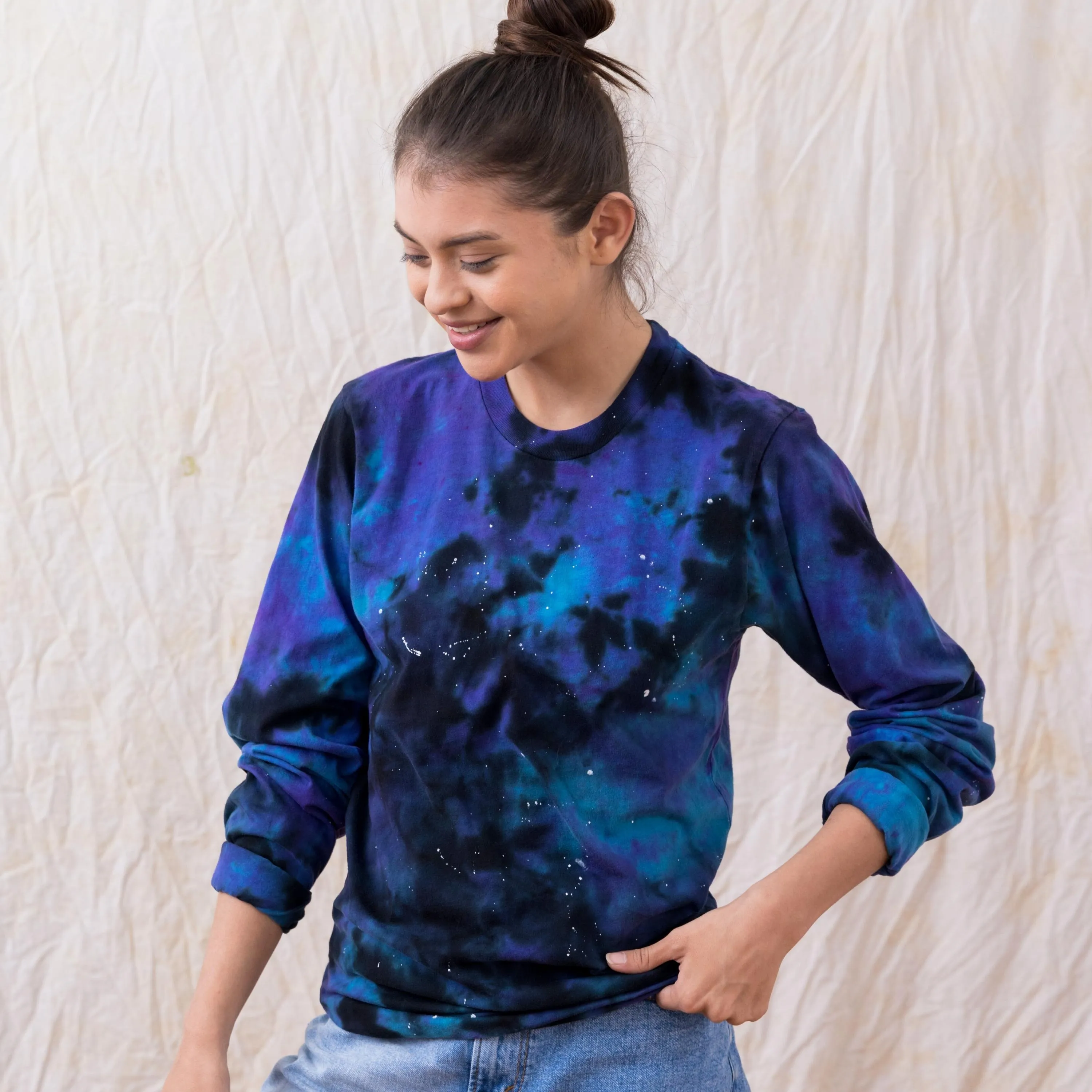 Cosmic Tie-Dye Elegance - Ethereal Galaxy-Inspired Hand-Dyed Starry Night Long Sleeve Cotton Tee