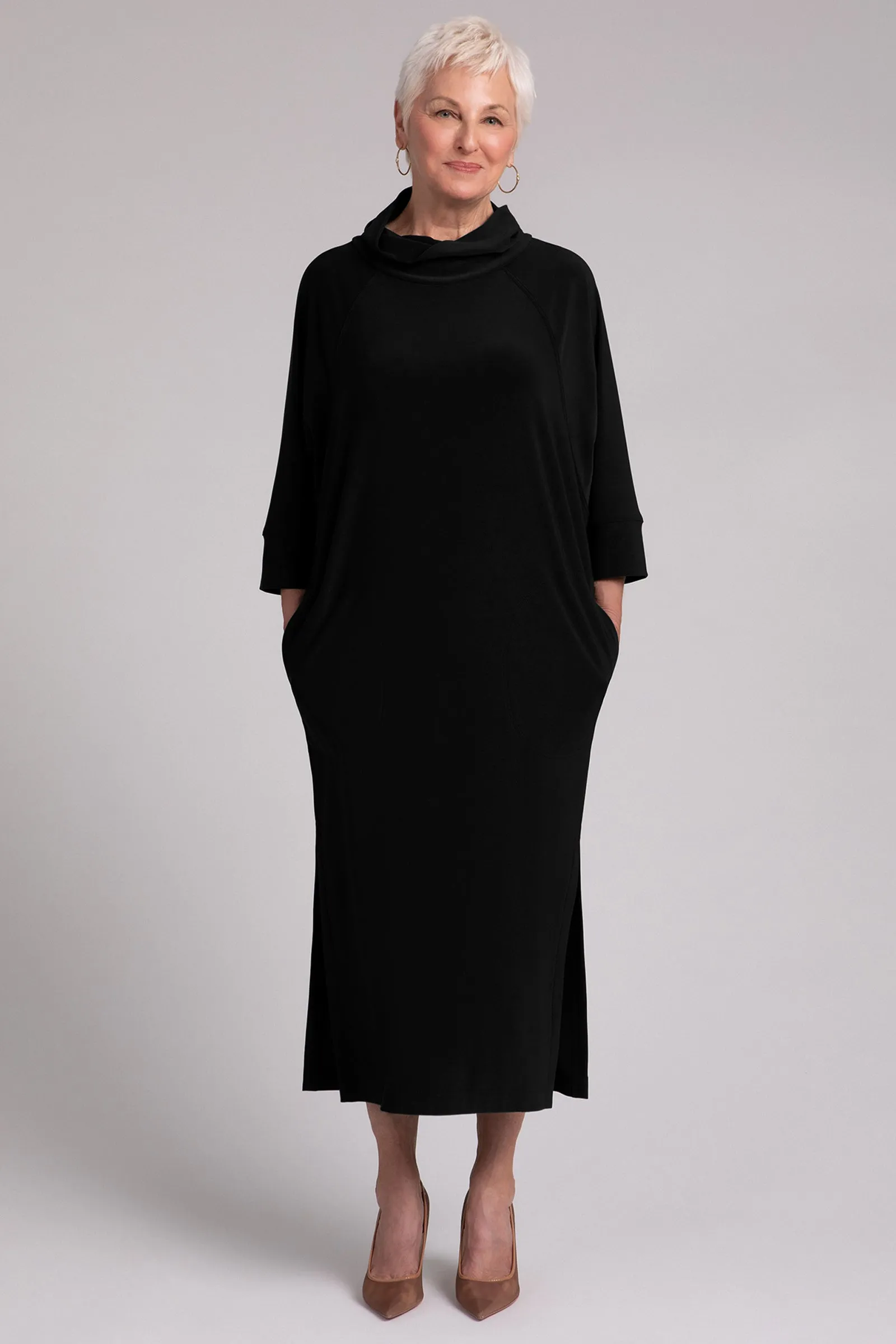 Cozy Raglan Funnel Neck Dress | Black