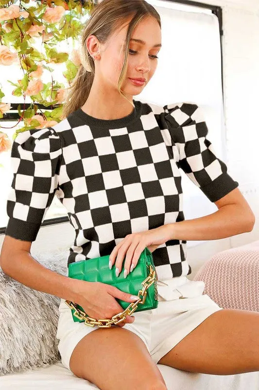 CREW NECK PUFF SLEEVE BLACK AND WHITE CHECKERED SHORT SLEEVE SWEATER