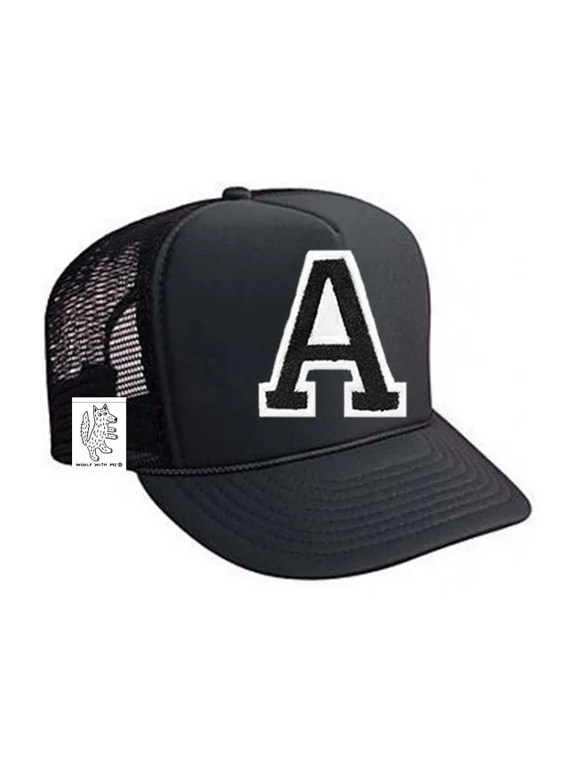 Custom Initial Letter (A-Z) Kids Trucker Hat (Black)